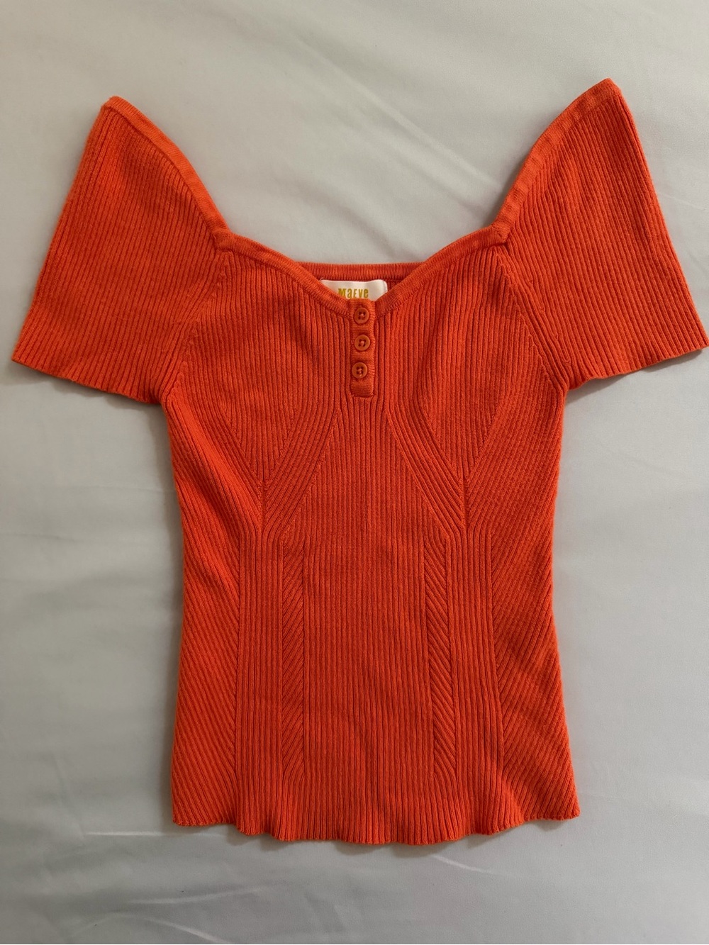 Maeve Orange Ribbed Short-Sleeve Sweetheart Top